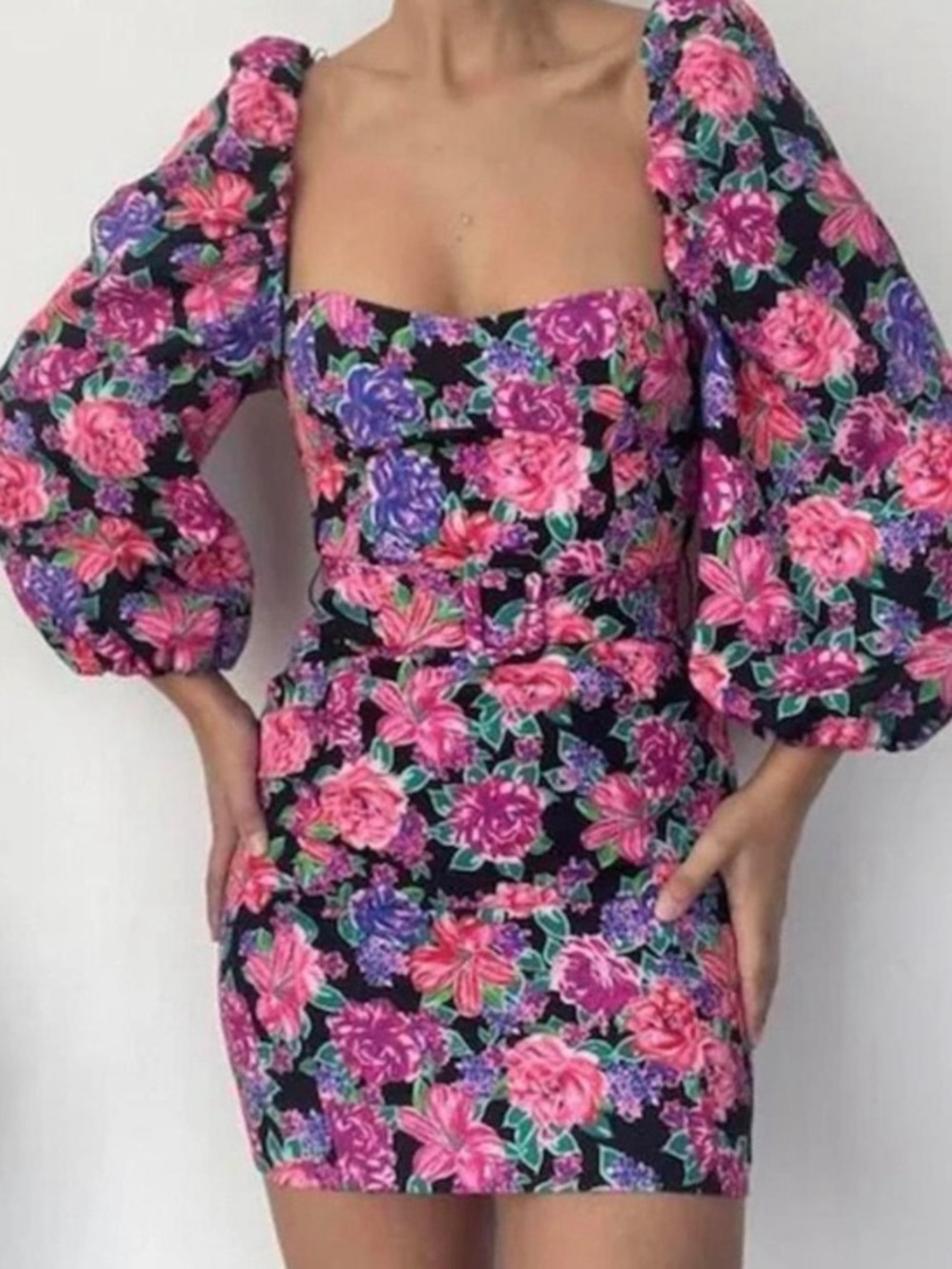 Zara Black Mini Dress with Pink & Purple Floral Print with belt